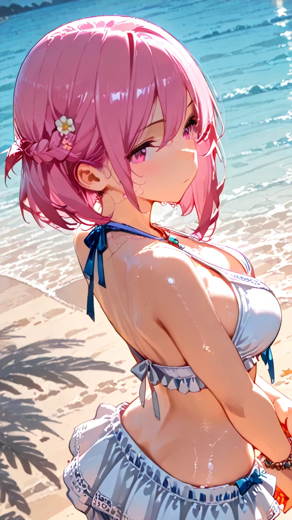 masterpiece, best quality, highres, sidelighting,
upper body, foreground, standing,
smile,
(half ???????:1.4),
(white plain micro bikini:1.4),
(solo, 1 girl:1.4), minato aqua, virtual youtuber, animal ears, cat ears, long hair, purple eyes, braid, ahoge,
multicolored hair, twin braids, blue hair, two-tone hair, hairband, pink hair, anchor hair ornament,
skirt, ribbon, sailor collar, , pleated skirt,
twintails,
large breasts, bangs,