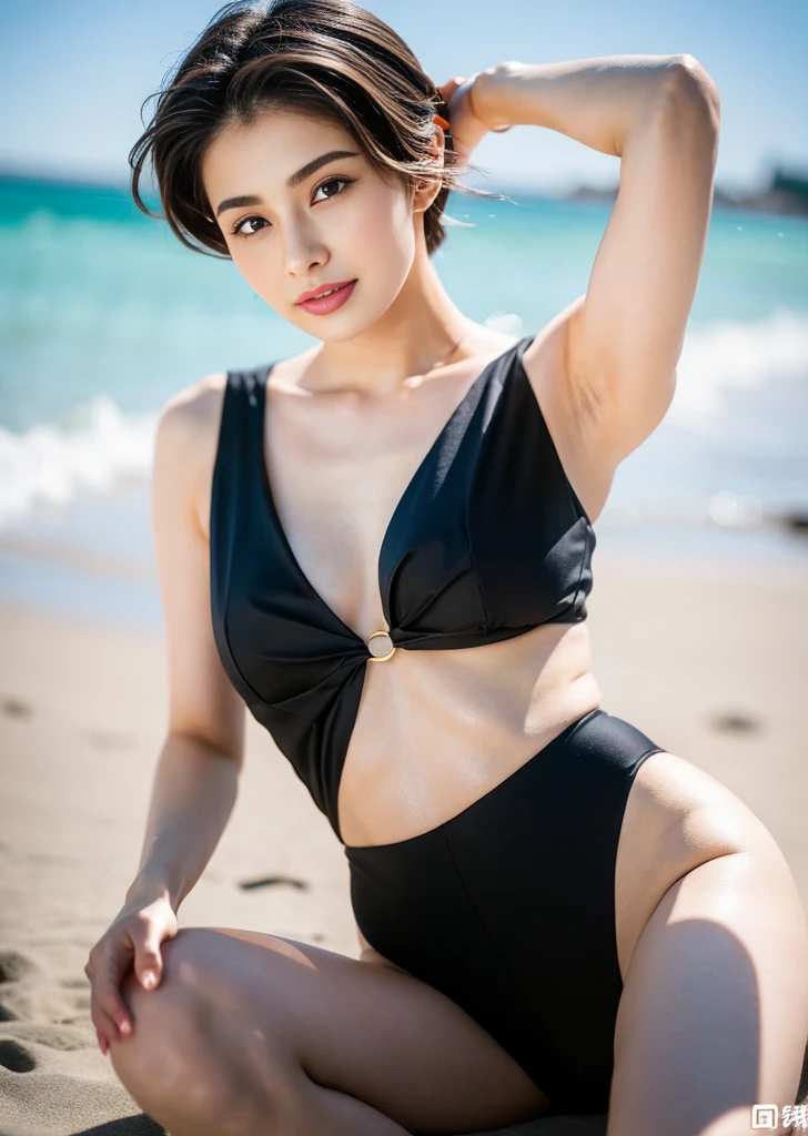 (RAW photo highest quality) (Realistic photo-like: 1.3) Top quality masterpiece、Very delicate and beautiful、Highly detailed CG Unity 32k wallpaper、An amazingly detailed masterpiece、Yellow sheer mesh bodysuit、Happy smile、Best quality CG Unity 32k wallpaper、Huge file sizes、Ultra-detailed high resolution、Highly detailed 1 Chinese girl、Slim body、Slim Abs、big breasts、Staring at the big camera  (short hair) (brown hair) sharp focus hyperrealism on the beach