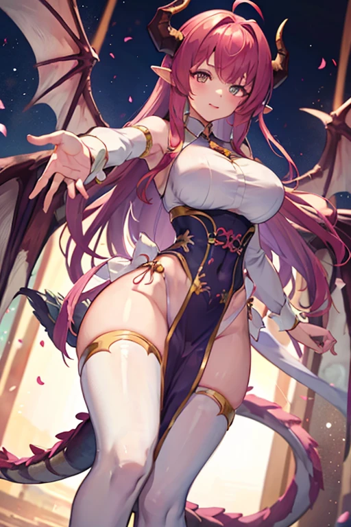 1girl,solo,(full body1.2),(standard height),(standing:1.2),(small breasts1.4),(cowboy shot:1.2),(front view:1.4),(red hair:1.6),short hair,(ponytail:1.2),(blue eyes:1.2),(beautiful fingers:1.4),(perfect anatomy:1.4),(arms_behind_back:1.4),(cold_shoulder:1.2),BREAK,(pure white silk lace glossy lamé one-piece_swimsuit:1.6),(latex luster shiny glossy metallic:1.6),(shiny_clothes:1.6),(wet skin, dripping wet),BREAK,(thin thighs:1.4),(yellow dragon wings),(branched dragon horns:1.4),yellow dragon tail,(yellow dragon tail grown from tailbone:1.2),masterpiece,best quality,(Ultra high definition eyes:1.2),8k,(Beautiful detailed eyes:1.2),(Fine and beautiful eyes:1.2),(pretty eyes:1.2),finely detail,extremely CG, absurdres,high resolution,illustration,Detailed and beautiful outlines,finely detail,high resolution,(colorful refraction:1.4,Increase saturation:1.2),beautiful lighting,dynamic lighting,closed room,black background,simple background, smile,looking at viewer,suzuka ichinose, drapri,dragon girl,(white Clear PVC sheets sleeves:1.4),(sheer sleeves:1.4),(see-through sleeves:1.4),(wide sleeves:1.2),(pure white thigh boots:1.2)