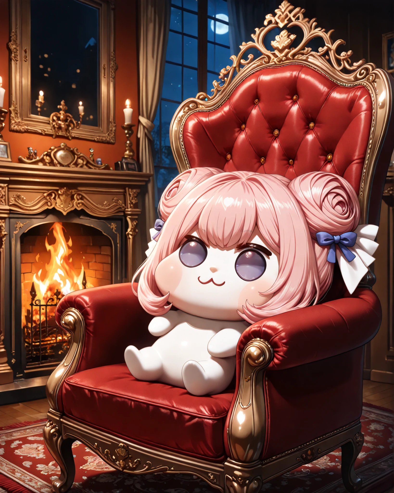 score_9, score_8_up, score_7_up, score_6_up, source_anime, (((absurdres))), (((128K Ultra High Resolution))), (masterpiece, best quality: 1. 5), (high definition: 1, 5), (((highres))), 8K wallpaper, (excellent graphics: 1. 5), CG, (best illustration, highly detailed artwork: 1. 5), (hyper realistic: 1. 5), ((cinematic lighting)), (intricate detail, extreme detailed, super detailed, exquisite details: 1. 5), (beautiful & aesthetic: 1. 5), ((photoreal)), (((very gorgeous and dazzling))), (solo), (1 Doro: 1. 5), (cute Doro: 1. 5), (small size Doro:1. 5), (tiny Doro, very small Doro: 1. 5), Doro, creature, :3, (((chibi))), (((pink hair, purple eyes, hair bun, hair bow, four legs, white skin, solid circle eyes, no pupils, no tail))), (white skin, white face:1. 5), (small head), no humans, ((a feeling of warmth)), (Doro in dimly lit living room: 1. 5), ((18th century Baroque, 18th century Baroque style living room with a fireplace)), (antique interior: 1. 5), (luxurious background, realistic background: 1. 5), ((window with luxury drapery curtains)), (1 fireplace: 1. 5), (antique fireplace, fire in the fireplace, brass antique fireplace tools), (((Doro is seated in a luxury velvet chair near the roaring fireplace))), (sleeping Doro, Doro feels sleepy: 1. 5), (chair in front of the fireplace, sit in a chair, Doro curls up to sleep, Doro falls fast asleep on the chair, luxury antique red plush velvet chair, soft red cushion on the chair: 1. 7), (high quality decoration: 1. 5), ((very luxury Persian carpet)), (happy moments: 1. 5), (((late night, moonlight))), the mood is romantic and elegance, (cozy lighting, warm interior, cozy atmosphere, pleasant cozy atmosphere: 1. 5), from side, (wide angle)