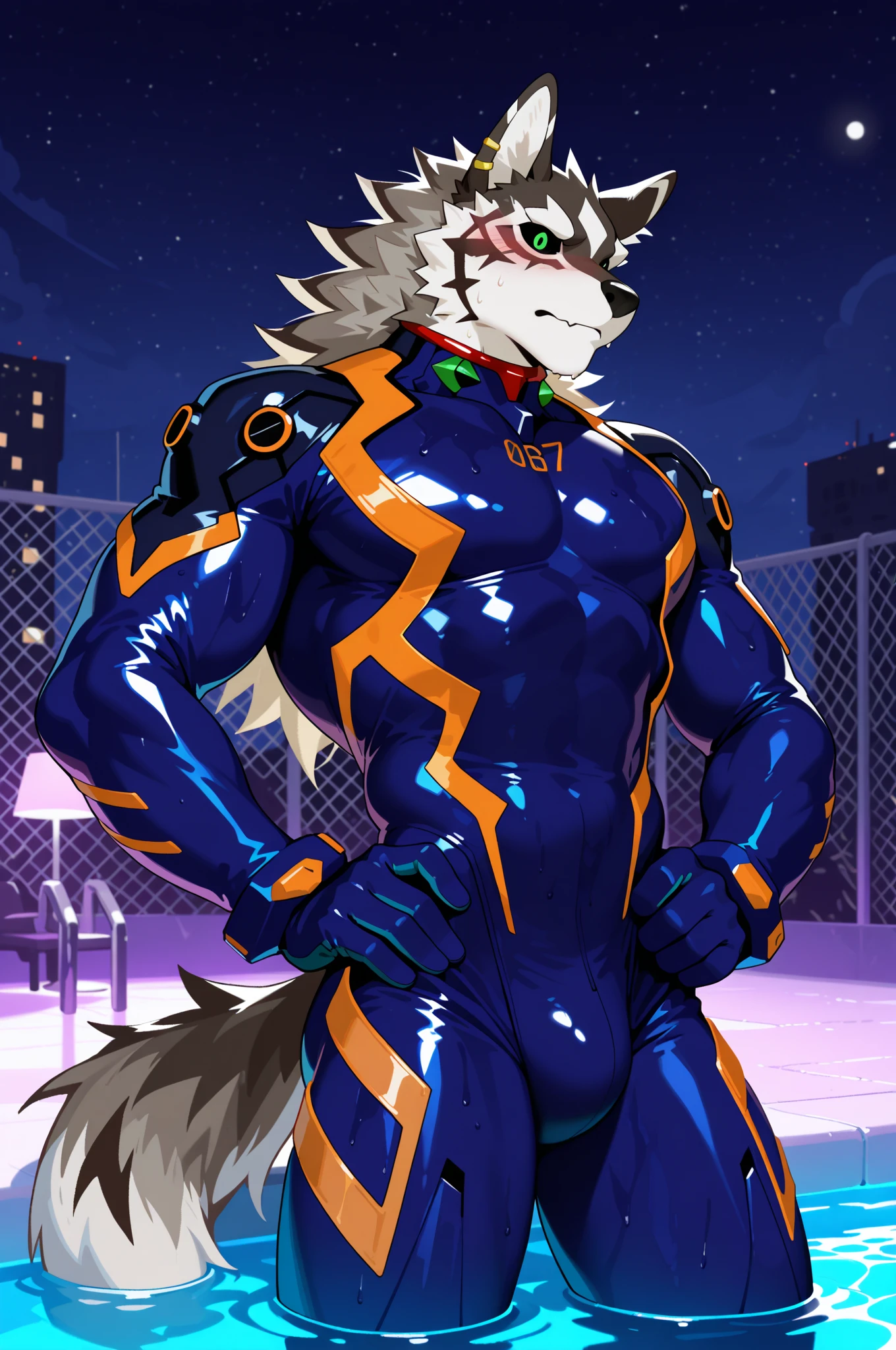Highest quality, Highest quality, High quality illustrations, masterpiece, Ultra-high resolution, Detailed Background, room, Absurd, Perfect Anatomy, performance, Good lighting, Shadows in the movies(kemono, Furry Personifi猫ion), Tiger, Muscle Body, Rubber Suit, latex, neon, neonライト, neonカラー, Bodysuits, Cyber Suit, cyber punk, Purple Rubber Hoodie, Sit on the sofa, Earrings, Tattoo, Huge bulge, Dynamic Angle