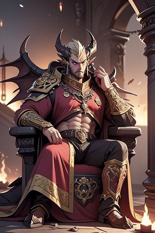Create an image of a tall, strong, masculine half-human, half-dragon male sitting on an ornate, fire-lit throne. He has a humanoid form with striking draconic features: sleek, curved dragon horns protruding from his head, and large, leathery dragon wings folded behind him. His piercing eyes glow faintly with an otherworldly intensity, and subtle scales shimmer along his cheekbones and forearms, blending seamlessly with his human skin. He exudes regality, wearing an elaborate, royal robe adorned with intricate gold and crimson embroidery, flowing yet fitted to highlight his powerful physique. The throne, carved from dark stone, is illuminated by flickering flames in braziers, casting dramatic shadows. The scene is majestic, with an aura of dominance and mystique, set in a grand, gothic-style hall with towering pillars and a faint haze of smoke. The lighting emphasizes the contrast between his human and dragon traits, creating a commanding and awe-inspiring presence.