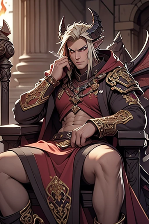 Create an image of a tall, strong, masculine half-human, half-dragon male sitting on an ornate, fire-lit throne. He has a humanoid form with striking draconic features: sleek, curved dragon horns protruding from his head, and large, leathery dragon wings folded behind him. His piercing eyes glow faintly with an otherworldly intensity, and subtle scales shimmer along his cheekbones and forearms, blending seamlessly with his human skin. He exudes regality, wearing an elaborate, royal robe adorned with intricate gold and crimson embroidery, flowing yet fitted to highlight his powerful physique. The throne, carved from dark stone, is illuminated by flickering flames in braziers, casting dramatic shadows. The scene is majestic, with an aura of dominance and mystique, set in a grand, gothic-style hall with towering pillars and a faint haze of smoke. The lighting emphasizes the contrast between his human and dragon traits, creating a commanding and awe-inspiring presence.