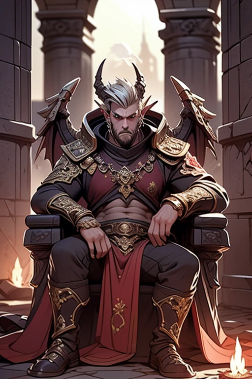 Create an image of a tall, strong, masculine half-human, half-dragon male sitting on an ornate, fire-lit throne. He has a humanoid form with striking draconic features: sleek, curved dragon horns protruding from his head, and large, leathery dragon wings folded behind him. His piercing eyes glow faintly with an otherworldly intensity, and subtle scales shimmer along his cheekbones and forearms, blending seamlessly with his human skin. He exudes regality, wearing an elaborate, royal robe adorned with intricate gold and crimson embroidery, flowing yet fitted to highlight his powerful physique. The throne, carved from dark stone, is illuminated by flickering flames in braziers, casting dramatic shadows. The scene is majestic, with an aura of dominance and mystique, set in a grand, gothic-style hall with towering pillars and a faint haze of smoke. The lighting emphasizes the contrast between his human and dragon traits, creating a commanding and awe-inspiring presence.