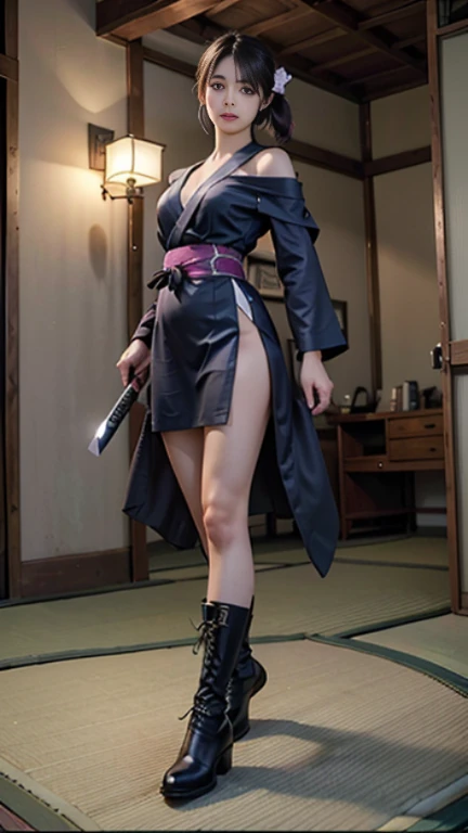 Two Female ninja wearing short kimono wearing fishnet with bare feet and toes exposed with boob cleavage showing