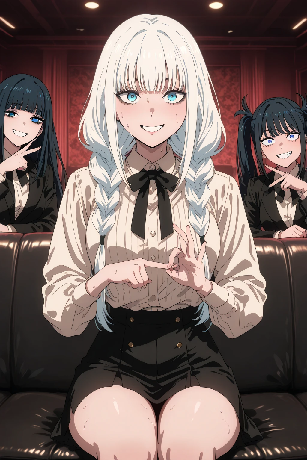 On the table high resolution Best image quality 8K Adult females Anime style White long gloves(Elbow gloves) White sailor suit(sleeveless) mini skirt White leggings White wolf ears short hair((shortcut)(White hair)(Perm)(Fluffy)) blue eyes Charming face((laughter)(Smile)(open mouth)) squat Hands on knees