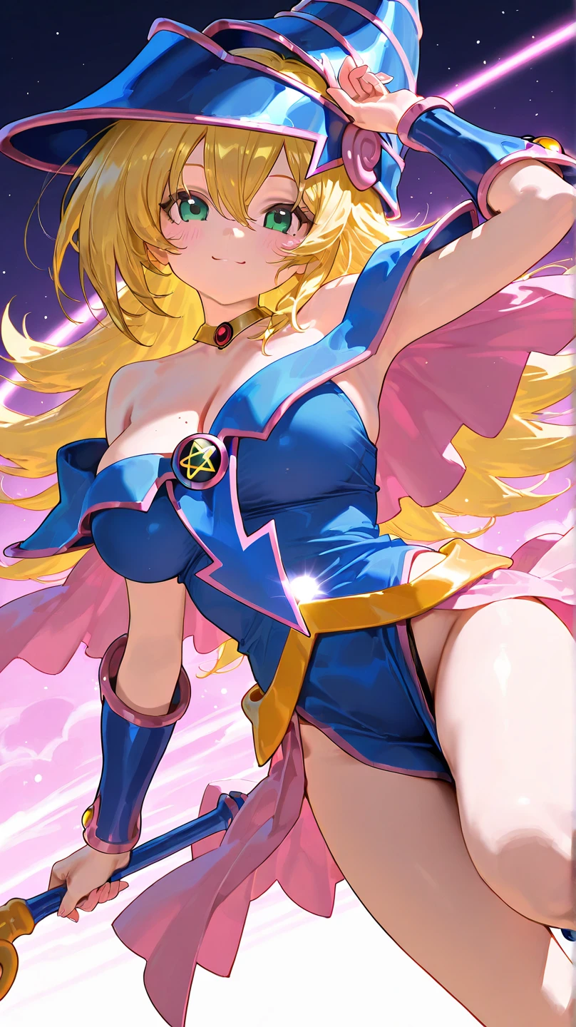 ultra definition、Extremely fine、masterpiece、premium、premium、absurd、Tall Magician Girl Relax、(1 people:1.2)、Alone、detailed face、dynamic poses、hair flow、(Full body esbian:1.1)、a blonde、long hair、looking looking at the viewer、verd s eyes、dents in the skin、detailed skin、skin pore、（shiny skin、shiny skin：1.1）、More about rosy skin、manicure、skirt for him、blue shoes、blue hats、Wizard hat、cana、Raise your hat、(blue pants:0.9)、(Summoning Circle:1.1)、six stars、staff、staff、yu give oh、Monster Duel、purple magic field、glow、detailed background、the complex background、((large and soft udder))、perfectly detailed soft milk of the whole body face hands legs 