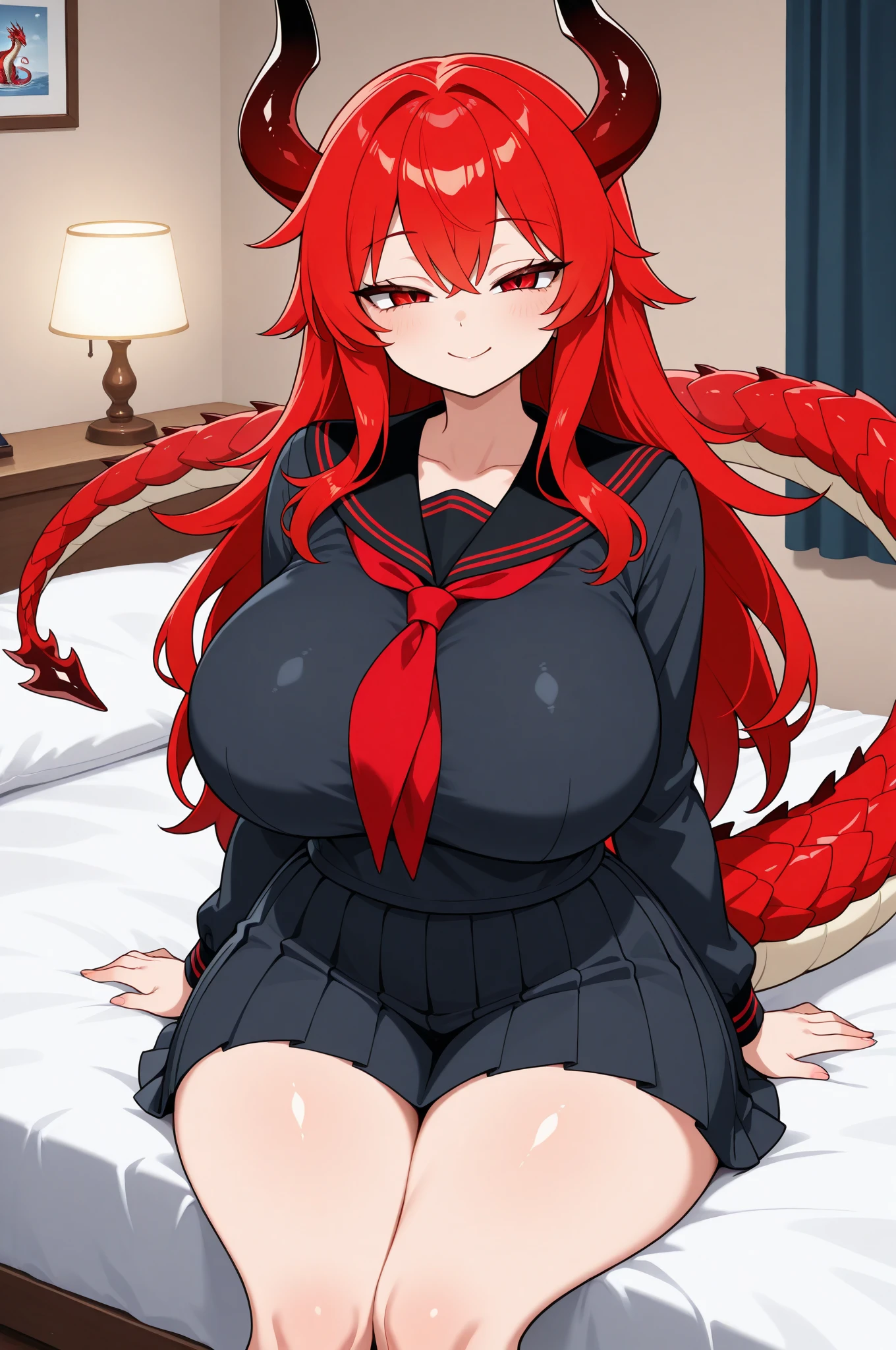 (anime art style:1.0), 2d, masterpiece, best quality, very aesthetic, absurdres, dynamic shadows, atmosferic, rias_gremory, (1girl), solo, red hair, antenna hair, long hair, blue eyes, detailed eyes, hair between eyes, bangs, big breasts, curvy body, makeup, black leotard, bunny ears, black ears, fake ears, white bow on neck, choker, eyes up, ahegao, tongue, saliva, (feet out frame), (looking at viewer), from above, lying, spread legs, bedroom, on bed, indoors