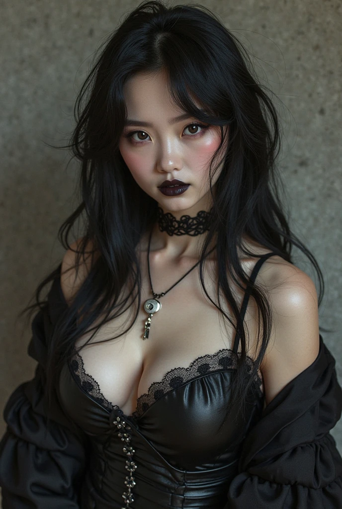a Korean MILF with big firm and soft rounded breasts and a big firm and soft peach shaped ass she has long straight black hair and light brown eyes she wears black lipstick and black eyeliner she has a gothic style and is very beautiful