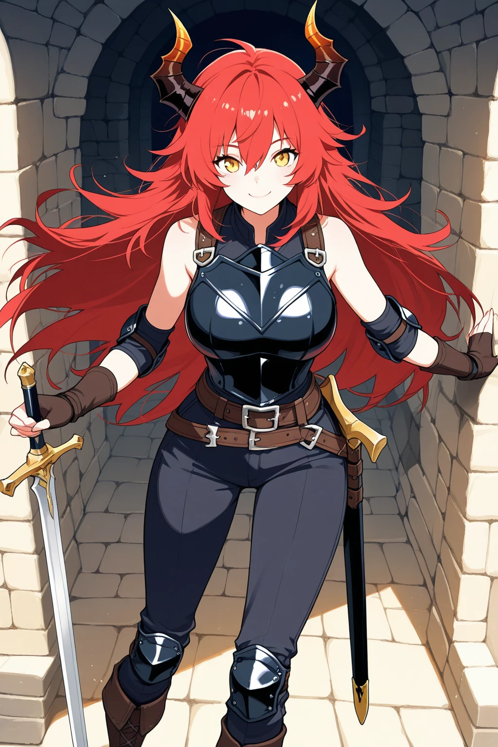A twenty-year-old woman with brown skin, emerald-colored eyes, and long red hair that reaches below her waist. She is short in stature, has a slender build with moderately large breasts, and has soft lips and thick eyelashes. She is wearing a black dress and smiling slightly.
