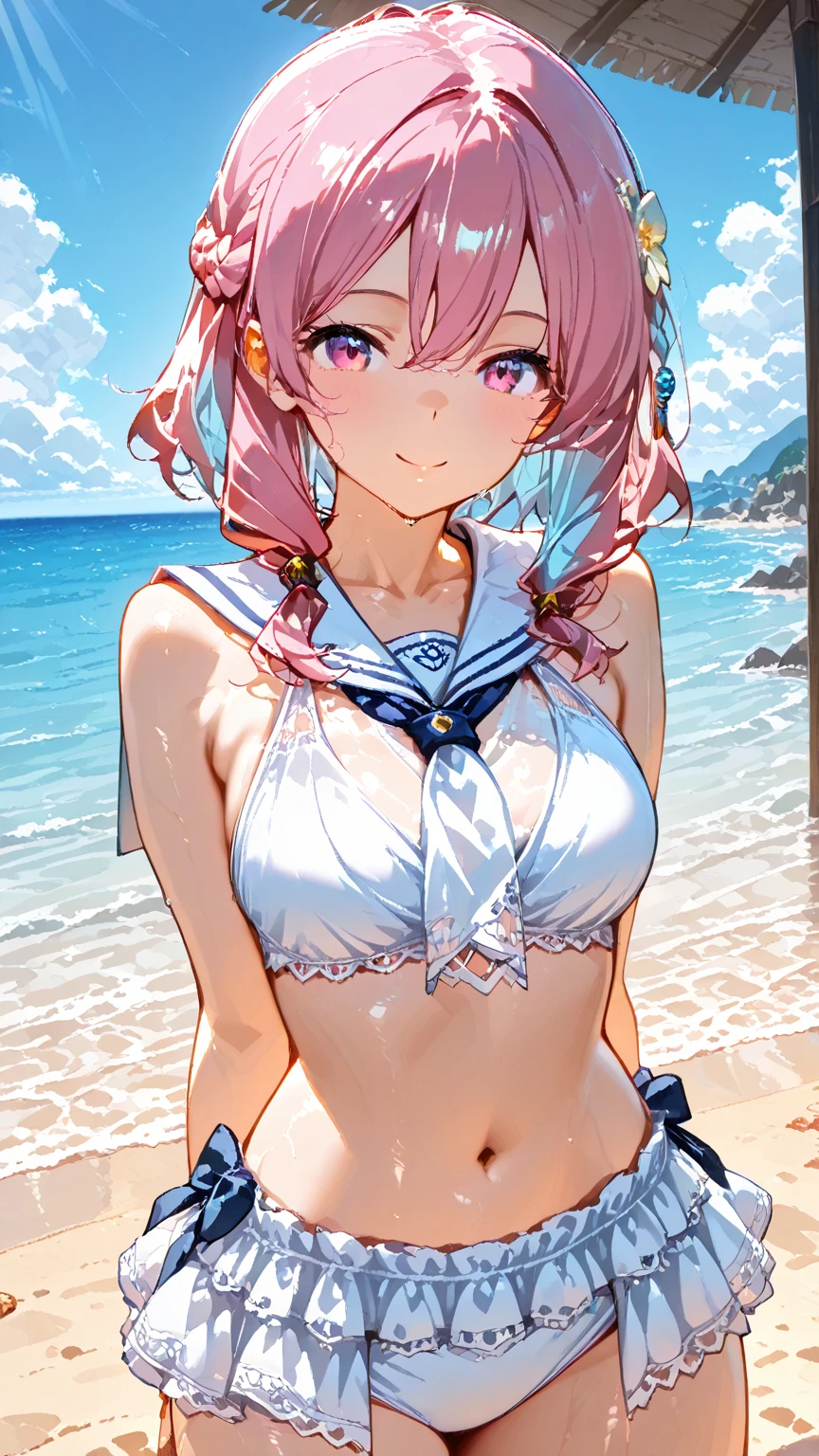 A cute white dress shirt and a light blue bra that clings to her body.、A cute light blue bra、Her miniskirt lifts to reveal her light blue and white striped underwear、Cute light blue underwear、A cute topless bra in a light blue color、Cute light blue underwear、Sandy beach, ocean and blue、Big Breasts、barefoot、Standing posture、Hug、