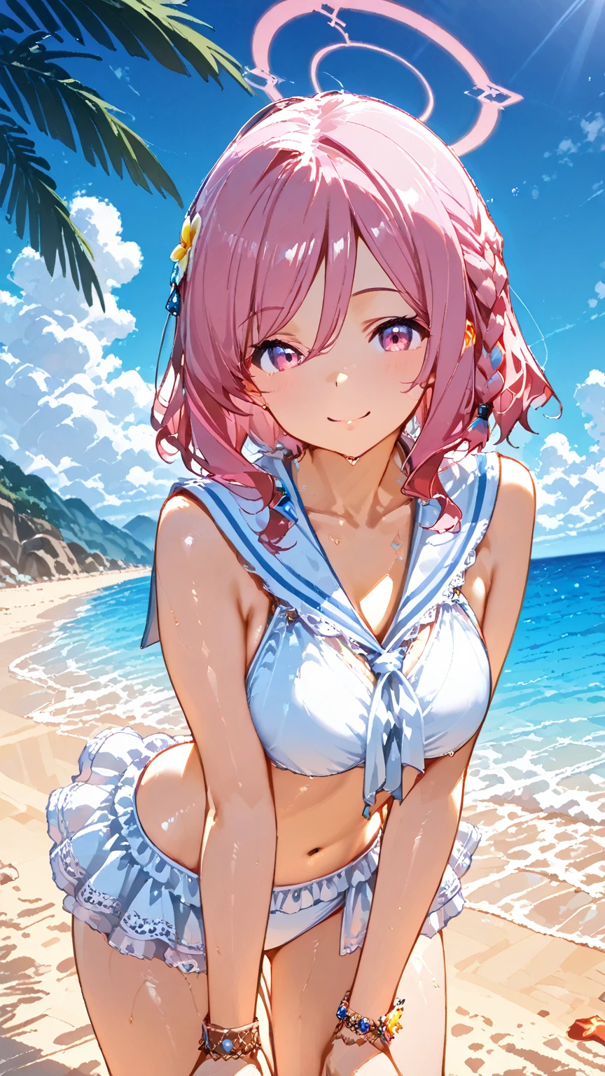 A cute white dress shirt and a skin-tight red-pink bra.、A cute pink bra with a strong red tint、Her miniskirt rose、Her pink and white striped underwear was revealed.。、Cute pink topless bra、Sandy Beach, Sea and Blue、Big Breasts、barefoot、Standing posture、hug、