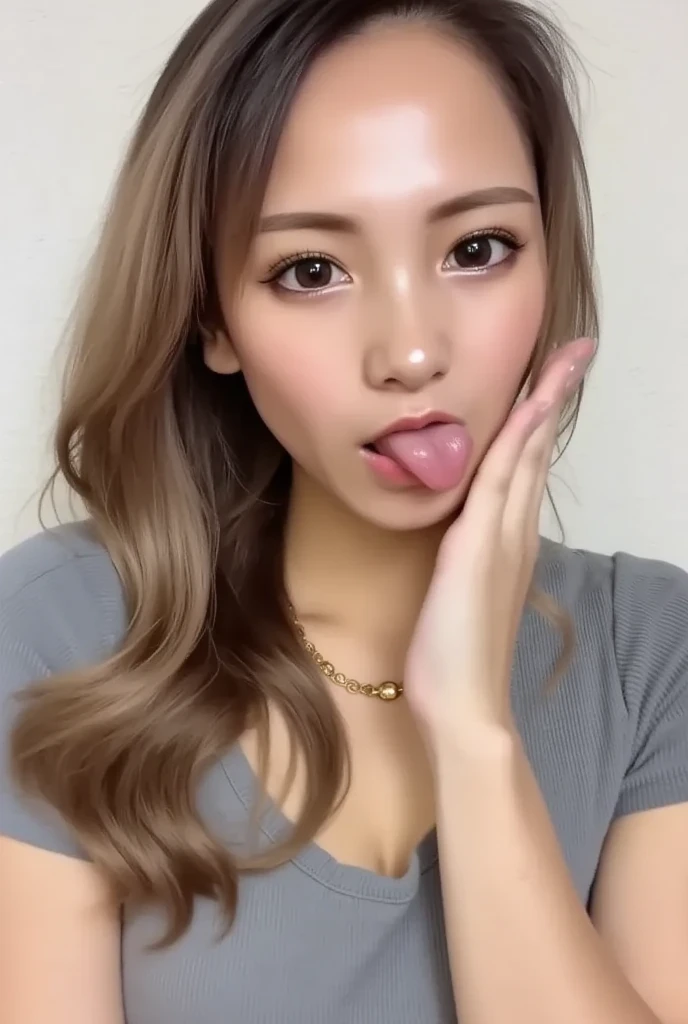 Japanese woman, beautiful girl, gal, blonde, baby face, highest quality realistic skin, eyes in focus, 20 years old, sticking out tongue, focus on mouth, open mouth, long tongue, saliva, open mouth wide, inside of mouth visible, open mouth and sticking out tongue