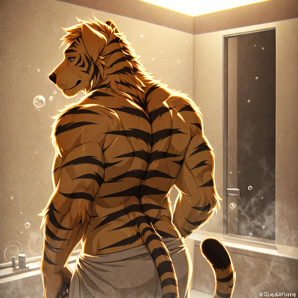 Solo,nj5furry,furry,anthro,solo,masterpiece,high detail,best shadow,muscular tiger furry,blue eyes,wet body showering