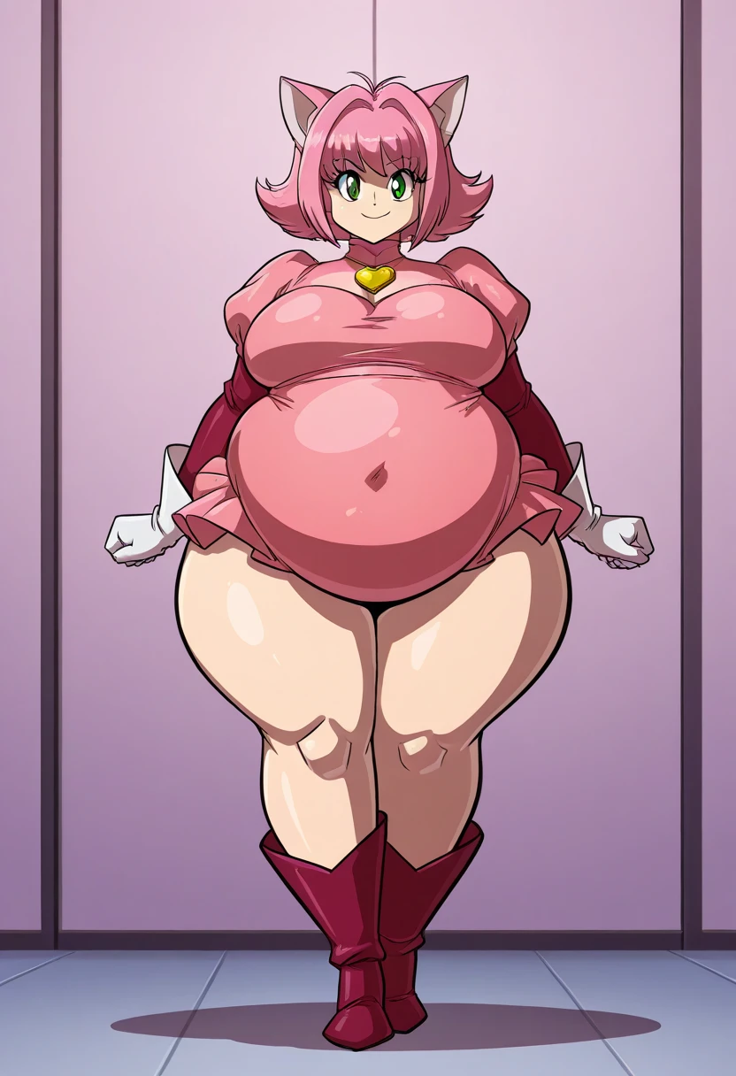 software, (Yellow latex suit on the upper body,Pink latex pants on the lower body）White long boots,White long gloves, （Big Breasts, Beautiful breasts, Large Breasts)Narrow waist, Curvaceous figure,Thick legs,Pregnant belly ,Ahegao, Open your mouth,smile,Happy expression,Drooling a lot,Dripping Sweat, Lots of trembling, Quite a lot of steam,Highest quality,Pink Hair,Inner Color,Red lipstick,Pink Eyeshadow,Bob Hair, Blushing,boy,Very muscular,Front facing