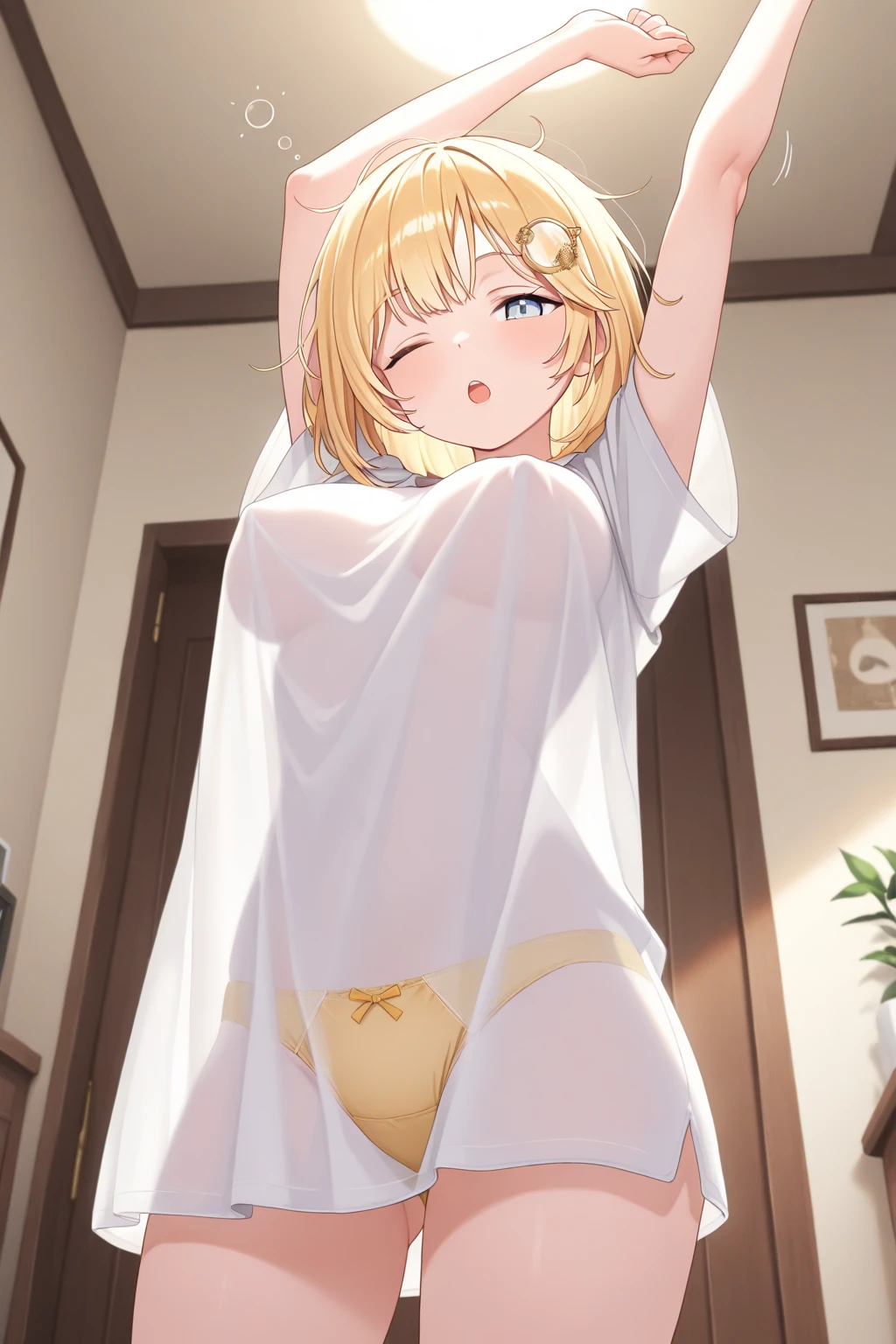 (Naked: 1.4), (See-Through Lingerie: 1.3), (Blushing:1.4),(No Bra, No Panty, completely naked), Smile, Cowboy Shot, ((A Cup)), Full Body, Underwear