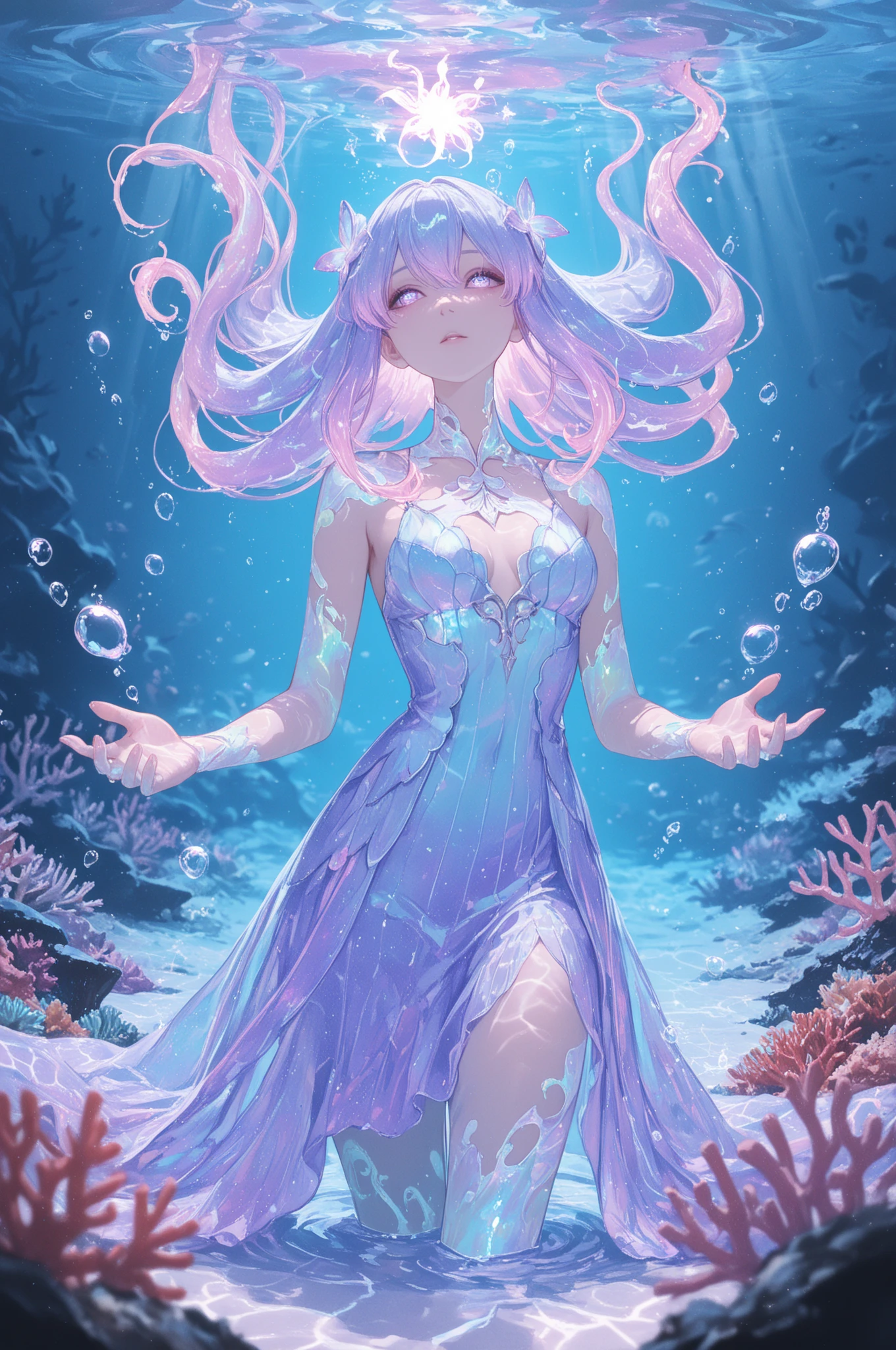 slime, (Translucent liquid skin:1.6), No humans, Plain midi dress, liquid blue hair, Slimy liquid dripping from her body, Her hair is also covered in blue slime, slime scatters, Beautiful eyes with fine symmetry, (Intricate details:1.4), (Highly detailed face and eyes:1.2), slim figure, beach at full moon, anime, fantasy, (Highly detailed), (high resolution), (Best quality), (masterpiece)