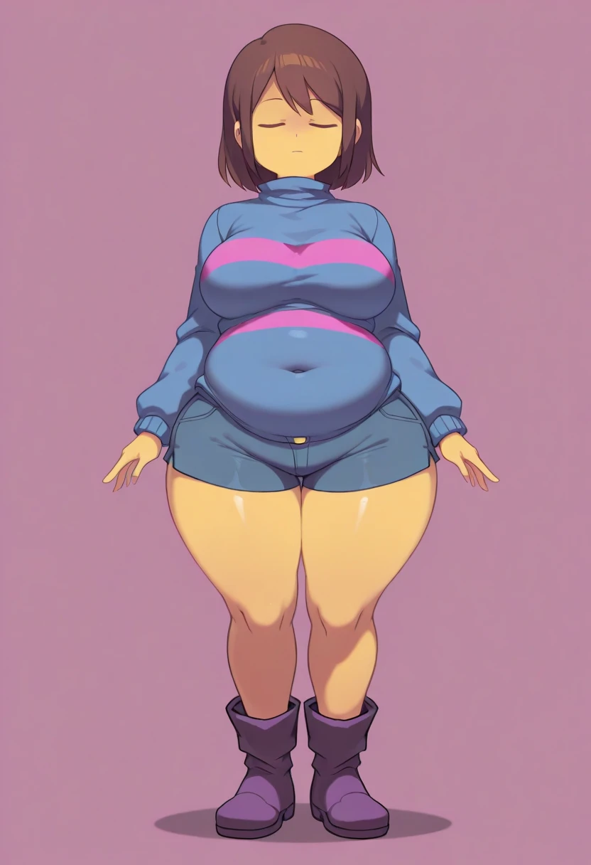 ,cassie, makeup purple eyeshadow red shirt shorts sneakers Extra large breasts breast enlargement full-body shot