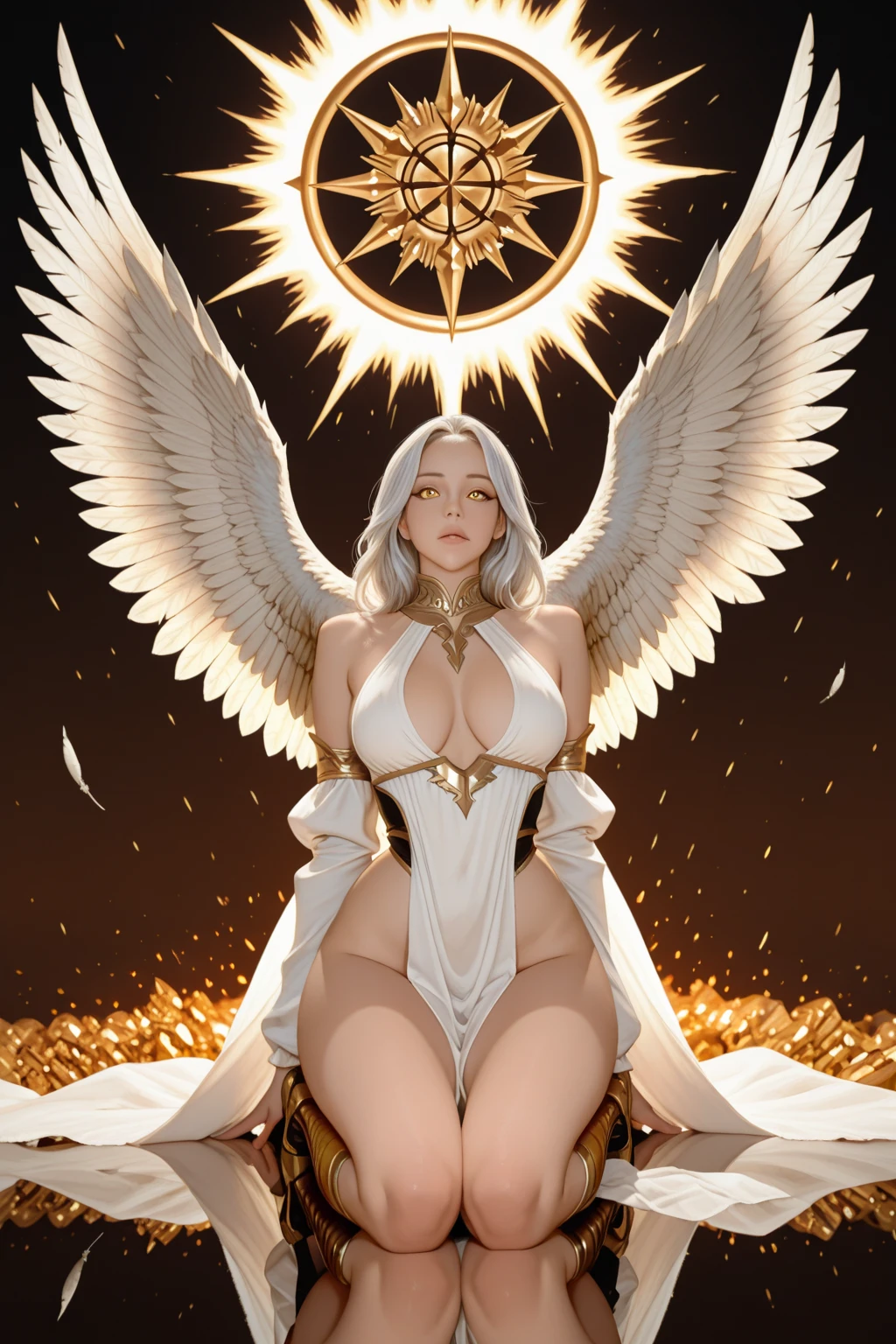 Bold, dazzling graphic illustrations, glowing star tattoo, fantasy light, warrior garments, platinum fire, dream, starry night, splash art, photograph, 8ก, Shot with Canon 1DX, 50 mm. f/2.8 lenses, raw, Beautiful messenger angel, Huge golden-white wings, constellations, caring expression, fully dressed, empress, warrior, Da Vinci style bokeh.(Masterpiece), (best quality), Optical realism, realistic, very detailed, perfect face, perfect body, 1 girl, beautiful girl, Greek goddess, Greek clothing,Peplos, stand, Cool pose, sexy, View from below,bare,Show your breasts,medium breast,pink nipples, Spread your legs,nude vagina,wet breast, touching vagina,semen dripping from vagina
