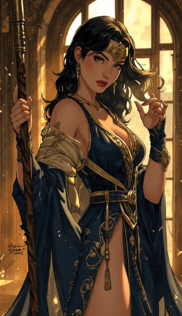 sorceress wearing a revealing robe, witch, large breasts, cleavage, wide hips, long black hair, bronze skin, shaman