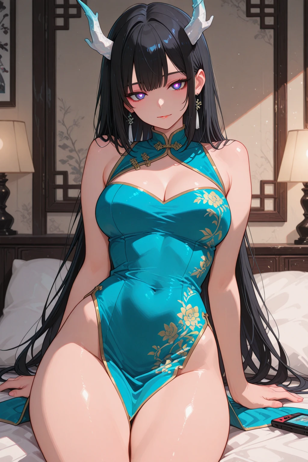 (Realistic:1.3), (photoRealistic:1.2), (highest quality), (Detailed skin:1.3), (Intricate details), 1 woman, 19 years old, Detailed skin texture, (blush:0.6), Scattered beneath the surface, ((smile)), Black Hair, Straight Hair, medium Long Hair, Calm hair, bangs, Hair between the eyes, Hair volume is low, Sparkling blue eyes, Lens Eye, Light reflection in the eyes, ((wink eye)), looking at the camera, hair ornaments, Wearing Chinese Dress, Skirt with a slit, ((one Side slit)), ((Red long Chinese Dress)), sleeveless dress, ((pink panty)), flower print dress, Clothes that open at the chest, she has two legs, Two arms, Five fingers, Two joints in the fingers, barefoot, angle from above, Crotch open posture, (Show me her vagina), (pussy), (Sitting on the stairs), ((Do not hide the crotch)), ((she spread her legs very wide)), slim legs, (pink g-string panty), thong, Clothes and panties are separated, Light source is above, ((Massage her boobs)), ((wide opened side breast)), Open-chested dress, (((Grasp her tits), cleavage of chest, (((palms under the boobs))),