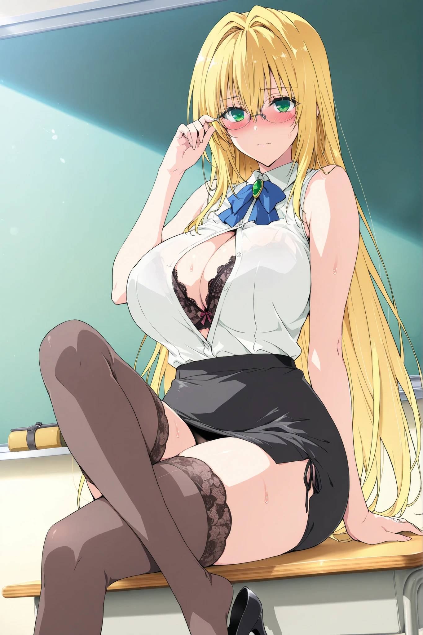 score_9, score_8_up, score_7_up, score_6_up, score_5_up, score_4_up, (tearju lunatique), (front view), (viewed from below), (full body), (2d anime style), (long blonde hair), (green eyes), (glasses), (large breasts), (white shirt), (deep cleavage), (black pencil blouse), (black pencil skirt), (black thigh highs), (purple lace panties), sexy curves, big head, (solo), sitting on desk, (spread legs), seductive pose, looking at viewer, shy, blushing, shy smile, seductive expression, cute expression, heavy breathing (classroom background)