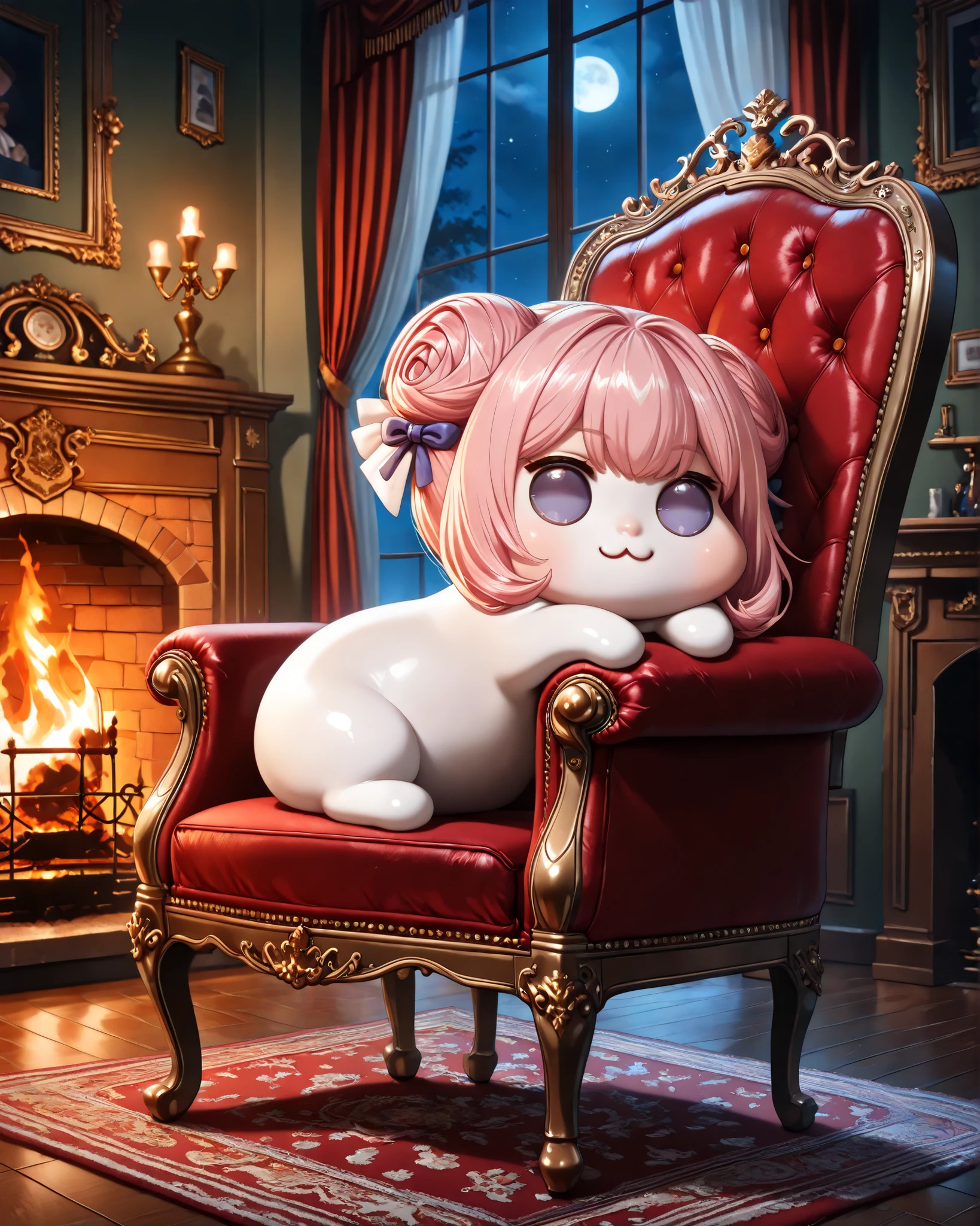 score_9, score_8_up, score_7_up, score_6_up, source_anime, (((absurdres))), (((128K Ultra High Resolution))), (masterpiece, best quality: 1. 5), (high definition: 1, 5), (((highres))), 8K wallpaper, (excellent graphics: 1. 5), CG, (best illustration, highly detailed artwork: 1. 5), (hyper realistic: 1. 5), ((cinematic lighting)), (intricate detail, extreme detailed, super detailed, exquisite details: 1. 5), (beautiful & aesthetic: 1. 5), ((photoreal)), (((very gorgeous and dazzling))), (solo), (1 Doro: 1. 5), (cute Doro: 1. 5), (small size Doro:1. 5), (tiny Doro, very small Doro: 1. 5), Doro, creature, :3, (((chibi))), (((pink hair, purple eyes, hair bun, hair bow, four legs, white skin, solid circle eyes, no pupils, no tail))), (white skin, white face:1. 5), (small head), no humans, ((a feeling of warmth)), (Doro in dimly lit living room: 1. 5), ((18th century Baroque, 18th century Baroque style living room with a fireplace)), (antique interior: 1. 5), (luxurious background, realistic background: 1. 5), ((window with luxury drapery curtains)), (1 fireplace: 1. 5), (antique fireplace, fire in the fireplace, brass antique fireplace tools), (((Doro is seated in a luxury velvet chair near the roaring fireplace))), (sleeping Doro, Doro feels sleepy: 1. 5), (chair in front of the fireplace, sit in a chair, Doro curls up to sleep, Doro falls fast asleep on the chair, luxury antique red plush velvet chair, soft red cushion on the chair: 1. 7), (high quality decoration: 1. 5), ((very luxury Persian carpet)), (happy moments: 1. 5), (((late night, moonlight))), the mood is romantic and elegance, (cozy lighting, warm interior, cozy atmosphere, pleasant cozy atmosphere: 1. 5), from side, (wide angle)