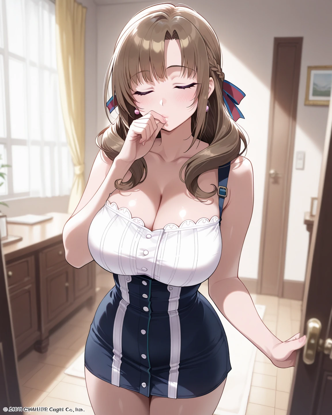 ((masterpiece)), ((best quality)), (ultra-detailed), ((extremely detailed)), 4K, (8K), best quality,1girl, (((((perfect anatomy))))), (((((five fingers))))), (((beautiful detailed eyes))), (beautiful detailed black hair), (((world-class quality))), photorealistic, extremely detailed, high resolution, (((detailed shaded pretty face))), (((((house wife))))), solo, (((sagging breasts))), ((glowing detailed skin and hair)), ((white-skinned)), ((((gleaming skin)))),, huge ass, huge breast, aroused, full-face blush, ((((well-fleshed)))), (potbelly), super creek \(umamusume\), sup3rcr33k, (blue dress), blue hair bow, blue scarf, blue wrist cuffs, blue thighhighs, (shoulder bag), thick thighs, stylish pose, indoor, see-through, sweat