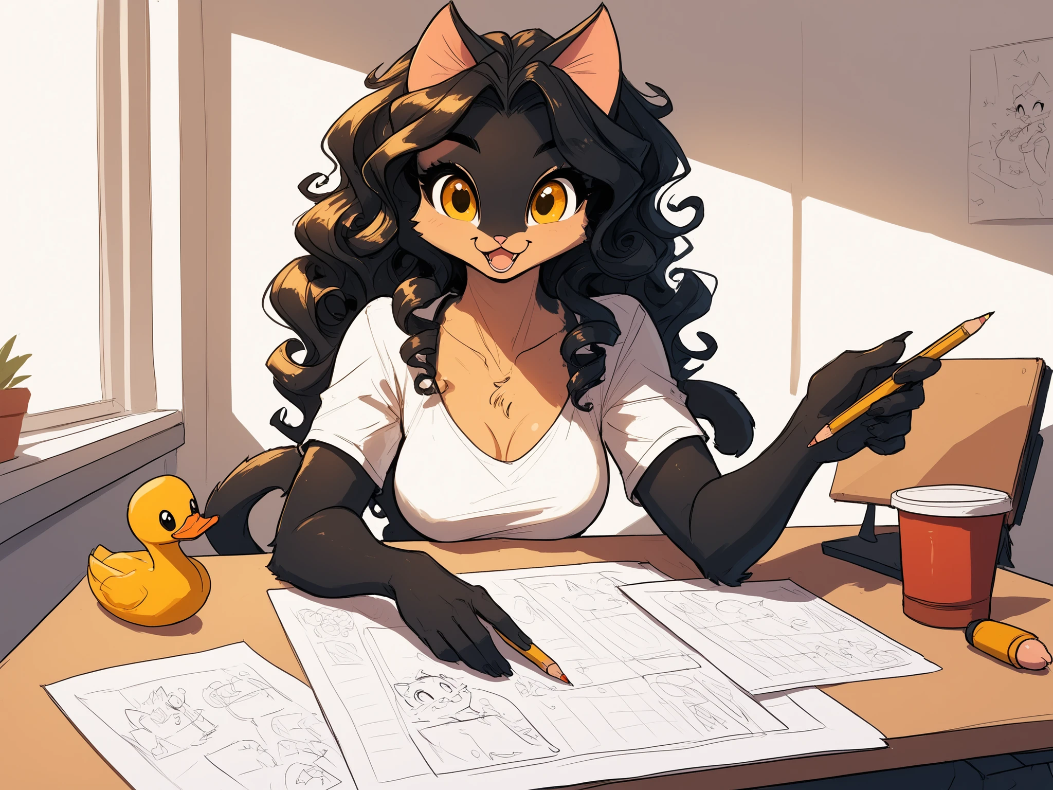 Valeri, cute female anthro cat girl, long curly black hair, yellow eyes, medium breasts, black fur on arms and tail, beige fur on chest and face, wearing a comfortable shirt, sitting at a drawing table, holding a mechanical_pencil, drawing pencil drawings of a duck, happy, very detailed, cluttered shelves behind her, drawing supplies on the table, sketches on paper tacked up on the wall