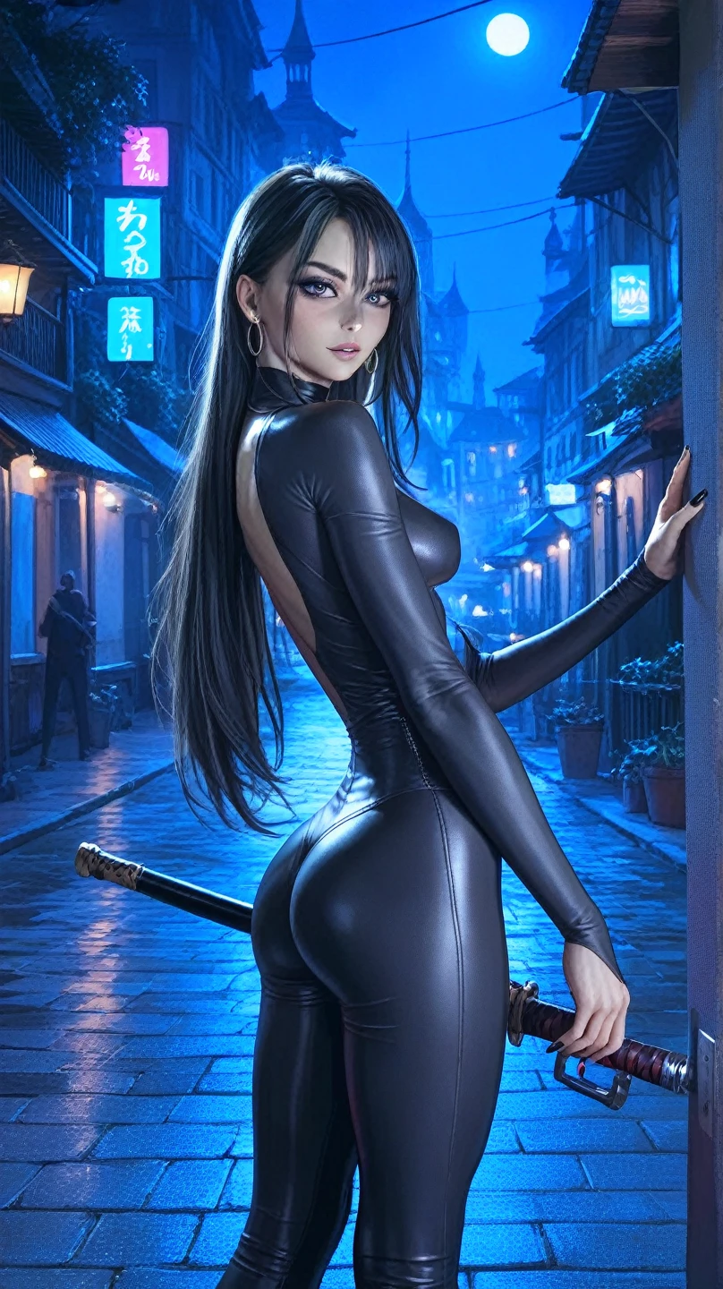 NSFW、One Girl、(20-year-old woman)、Cat ears headband、Anal plug with a tail、Black enamel high leg suit、Ultra-thin suit、Skin is transparent、squat、Cat Pose、Black cat、City、Back alley at night、Green Eyes、Beautiful eyes、Laugh with fangs out、Faces aiming for prey、View from below