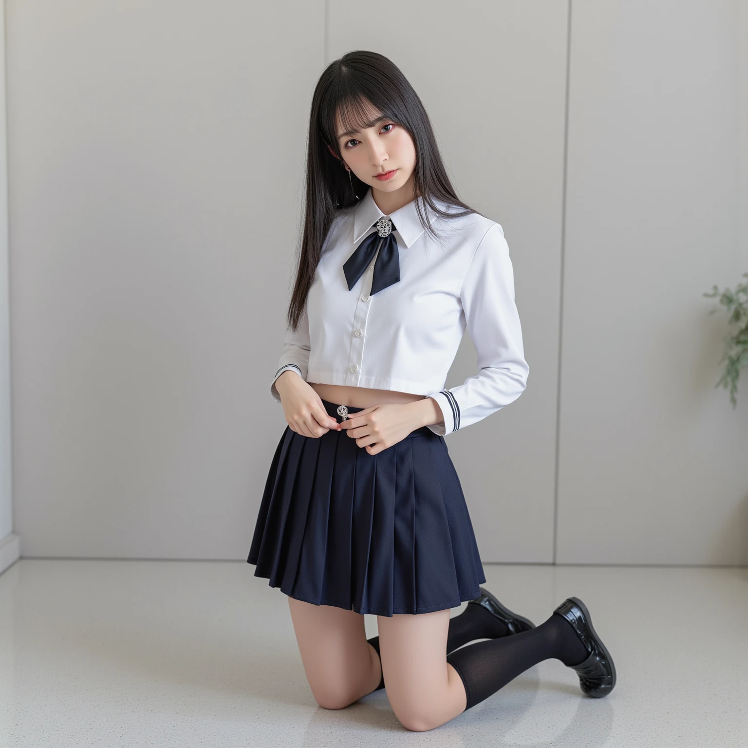 Low angle shot, Alafed asian woman in short skirt and bow tie sitting on train, cute schoolgirl, Japan schoolgirl uniform, surreal schoolgirl, high school girl, posing high school girl, full body, lovely skin, glowing skin, nice thighs, shining thighs, shining thighs, glowing legs,