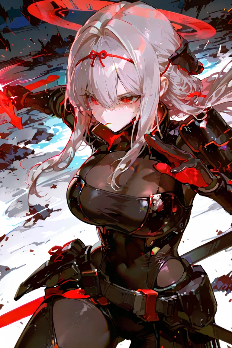 ultra detailed, 4k, female, zombie, pale skin, yellow eyes, staring, expressionless, violent, bloody, hunting, black sclera