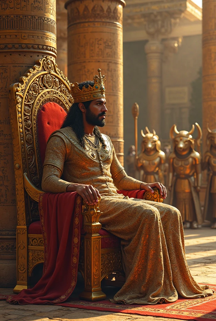The king of Egypt who is a handsome
man
.The king of Egypt is dressed in a very beautiful dress and the king is sitting on a chair and people are looking at him.