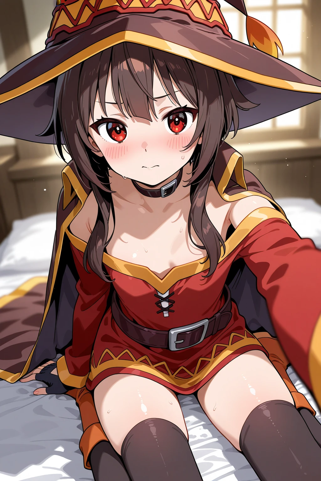 Very intense Estrus,,excessive Love liquid,Very intense ecstasy,inn,((((lie in bed))),,((((I&#39;m in the futon))),,sexual excitement,I want to have sex,advance,very looking at viewer,,,On the bed,blush,Darken the color,anime coloring, animated,Meguminの帽子とマントを着けている,KonoSuba,infant body shape,low length,Megumin,((((small breastegumin in この素晴らしい世界に祝福を!))),,Megumin,low length,small breasts,skinny, body shape,girl,
