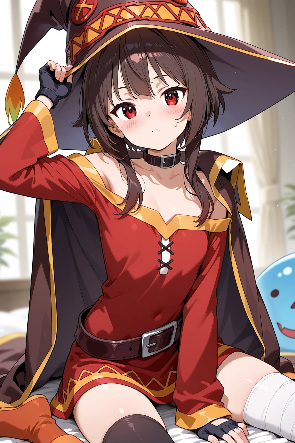 masterpiece, best quality, high resolution, unity 8k wallpaper, (illustration:1.1), ultra-detailed face, extremely detailed CG,
perfect anatomy, nice hands, perfect hands,
Megumin,
Megumin\(konosuba\),
1girl,
short hair with long locks,
brown hair,
(red eyes:1.1), (beautiful detailed eyes:1.2),
looking at viewer,
off-shoulder dress, red dress, brown cape, long sleeves,
single thighhigh, asymmetrical legwear, bandaged leg,
small breasts,
ollarbone,
witch hat, black choker, black gloves, fingerless gloves,
cowboy shot,
perfect lighting,
background of indoor, on the bed,