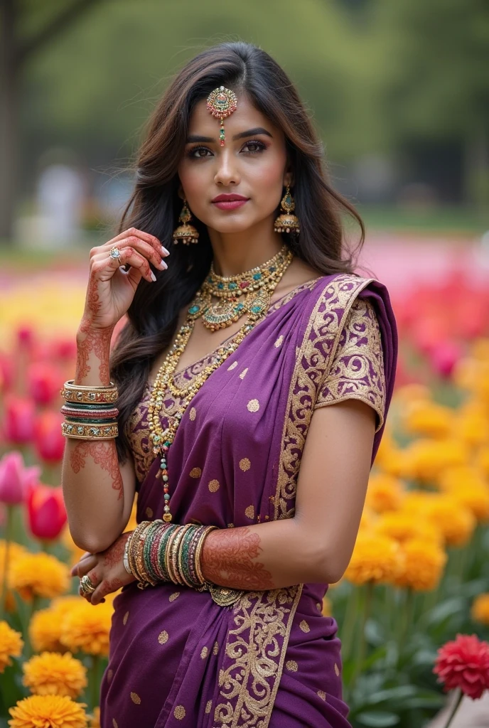 A charming and graceful Indian woman embodies the regal beauty of a purple flower. She has elegant and refined features with an exotic touch, her long, dark hair falling in waves, adorned with delicate purple floral details that mimic the vibrant petals of the flower. (((A woman with long, dark hair and purple floral adornments 1.75))) (((incredibly beautiful and enchanting))), her skin is a warm golden bronze, creating a rich and harmonious contrast with the deep purples and violets.
She stands in a garden surrounded by lush violet flowers bathed in the soft, golden light of dusk, surrounded by a profusion of vibrant purple flowers that reflect the elegance of her presence. Her attire is a traditional, flowing sari in shades of deep purple and lavender, intricately embroidered with silver threads that catch the light, recalling the delicate veins of the flower's petals. The sari falls elegantly over her figure, adding to her regal and ethereal charm.
Her eyes are a deep, expressive brown, shining with warmth and mystery as she gazes serenely out into the garden. The soft glow of dusk and the blooming flowers create a magical, almost otherworldly atmosphere around her.
8K, your presence is majestic and captivating, extremely detailed (high quality, realistic, photorealistic: 1.37), with ideal proportions and smooth, radiant skin, meticulously crafted features, exquisite beauty, perfection, artistic artistry, vivid realism, hyper-detailed sculpting, lifelike forms, truly awe-inspiring, impeccable craftsmanship, pure brilliance, natural elegance, delicate yet powerful contours, striking poses, sublime grace, subtle nuances, dynamic compositions, perfect lighting, serene expressions, heavenly aura, majestic presence, dreamlike atmosphere, unparalleled detailed high-octane rendering, trending on artstation, 8k art photography, photorealistic concept art, cinematic volumetric soft natural light, chiaroscuro, award-winning photography, fine art, oil on canvas, beautifu
