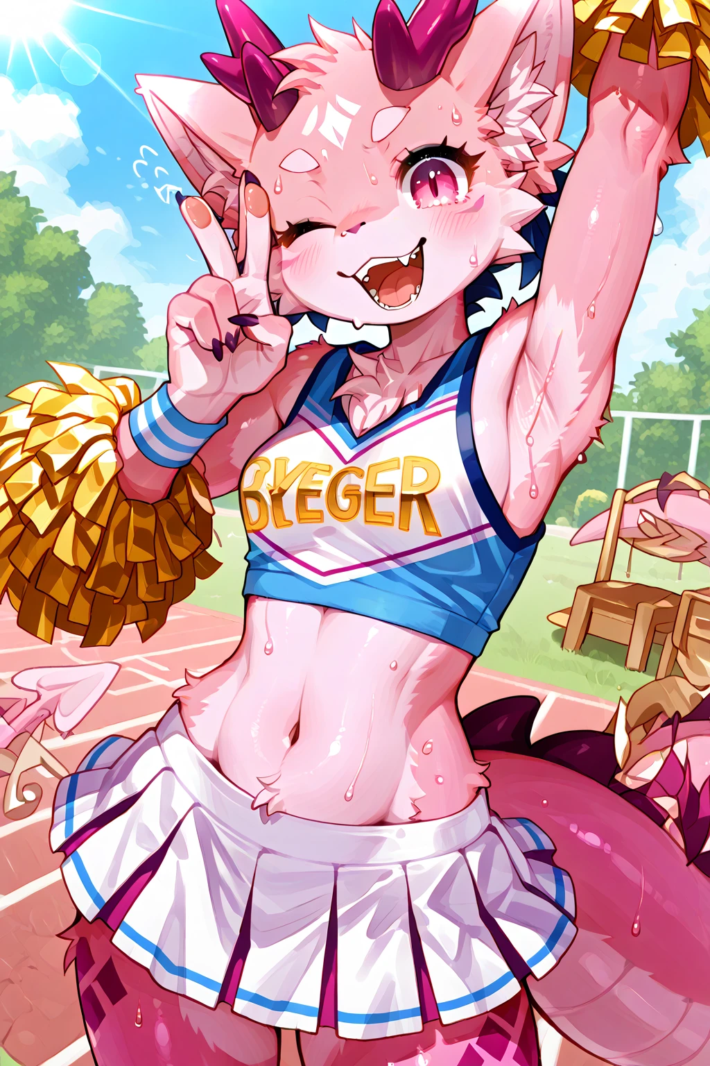 score_9, score_8_up, score_8, score_7_up,score_6_up BREAK 1girl, mina ashido, mina ashido from my hero academia, solo, curvaceous, massive breasts, thick thighs, wide hips , abstract background, cheerleader, cheerleader outfit, , crop top, pleated skirt, pom poms, smile, football field setting, underboob, nipple slip, leg up, pussy, nipples, areola