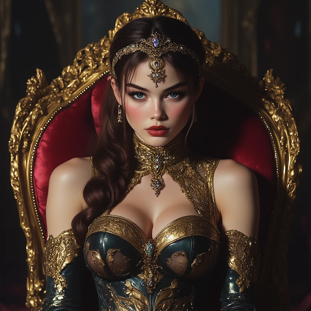(masterpiece, photorealistic:1.4, extremely intricate:1.3), (photon mapping, radiosity, physically based rendering, ultra resolution, hyper-realistic, 8K), skinny nineteen female, (((([medium breasts:large breasts:0.7], humid, humid, smirking, mirth, 19 years old, openlegs, lounging ((iceblue evening gown chrome filigree, elegant:1.0)), portrait)), upper torso, long eyelashes, makeup:1.2), [skin detail:freckles:0.5], clear brown eyes), indoors, ornate black chrome throne, tilt, tilted, (((background medieval stone castle throne room))), professional photograph elegant:1.2 girl, body tattoo:1.4, ((long black wavy hair)), sharp focus, dramatic, award winning, cinematic lighting, BREAK pubic hair, ((film grain, cinematic candles), bokeh, interaction)
