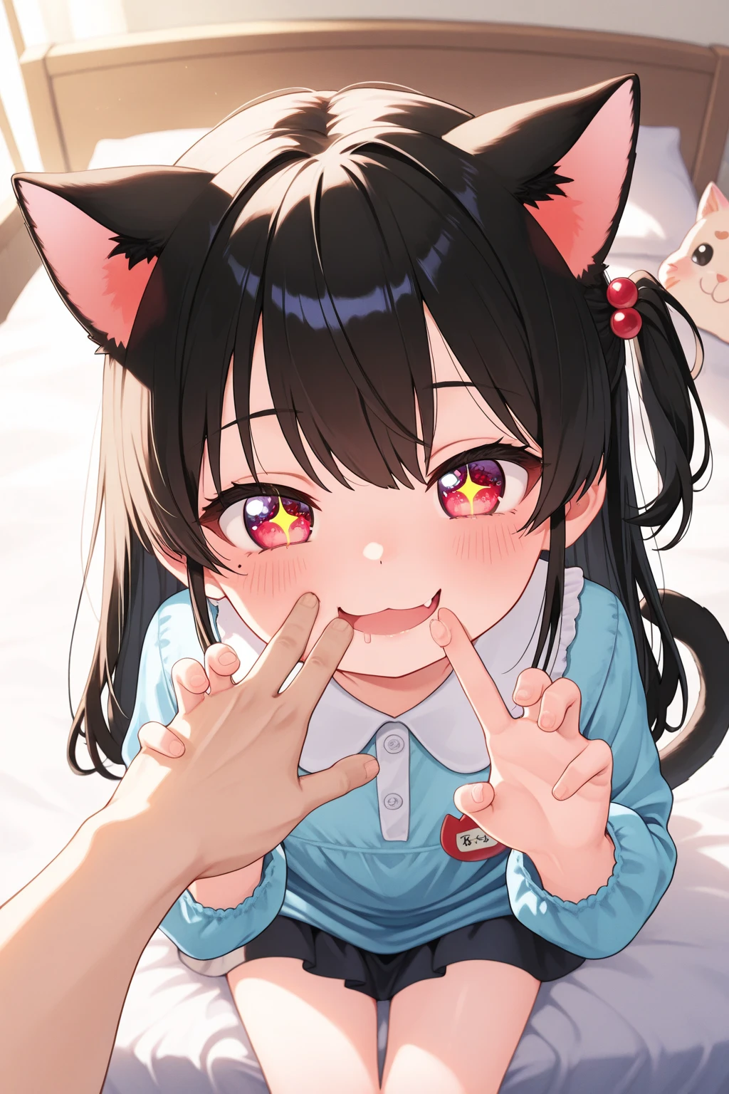 NSFW,(pale illustration,anime illustrations:1.2),(masterpiece, highest quality, so beautiful, Super detailed),textured skin, high details,8k,gleaming skin,pale outline,

(blue_archive,kazusa,halo,black short hair:1.2),(multicolored hair,pink inner hair:1.3),( hairclip,cat ears),

1 girl,Mid-chest,shorty,(smile),(nude,derby tie),(open mouth),(fingers sticking out of mouth:1.3),(spread mouth with both fingers:1.3),kneeling,pov, looking up ,(from above),