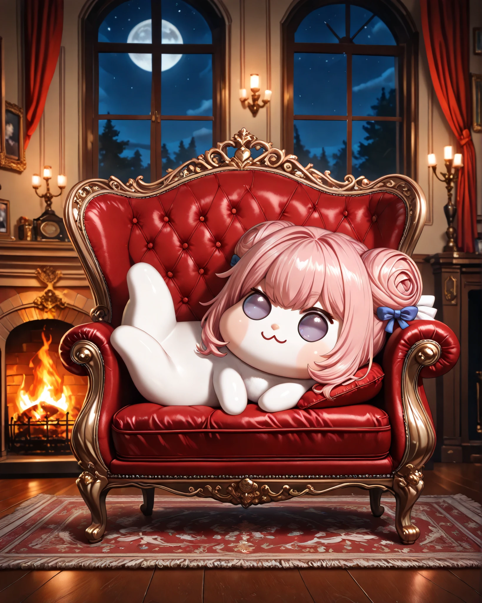 score_9, score_8_up, score_7_up, score_6_up, source_anime, (((absurdres))), (((128K Ultra High Resolution))), (masterpiece, best quality: 1. 5), (high definition: 1, 5), (((highres))), 8K wallpaper, (excellent graphics: 1. 5), CG, (best illustration, highly detailed artwork: 1. 5), (hyper realistic: 1. 5), ((cinematic lighting)), (intricate detail, extreme detailed, super detailed, exquisite details: 1. 5), (beautiful & aesthetic: 1. 5), ((photoreal)), (((very gorgeous and dazzling))), (solo), (1 Doro: 1. 5), (cute Doro: 1. 5), (small size Doro:1. 5), (tiny Doro, very small Doro: 1. 5), Doro, creature, :3, (((chibi))), (((pink hair, purple eyes, hair bun, hair bow, four legs, white skin, solid circle eyes, no pupils, no tail))), (white skin, white face:1. 5), (small head), no humans, ((a feeling of warmth)), (Doro in dimly lit living room: 1. 5), ((18th century Baroque, 18th century Baroque style living room with a fireplace)), (antique interior: 1. 5), (luxurious background, realistic background: 1. 5), ((window with luxury drapery curtains)), (1 fireplace: 1. 5), (antique fireplace, fire in the fireplace, brass antique fireplace tools), (((Doro is seated in a luxury velvet chair near the roaring fireplace))), (sleeping Doro, Doro feels sleepy: 1. 5), (chair in front of the fireplace, sit in a chair, Doro curls up to sleep, Doro falls fast asleep on the chair, luxury antique red plush velvet chair, soft red cushion on the chair: 1. 7), (high quality decoration: 1. 5), ((very luxury Persian carpet)), (happy moments: 1. 5), (((late night, moonlight))), the mood is romantic and elegance, (cozy lighting, warm interior, cozy atmosphere, pleasant cozy atmosphere: 1. 5), from side, (wide angle)