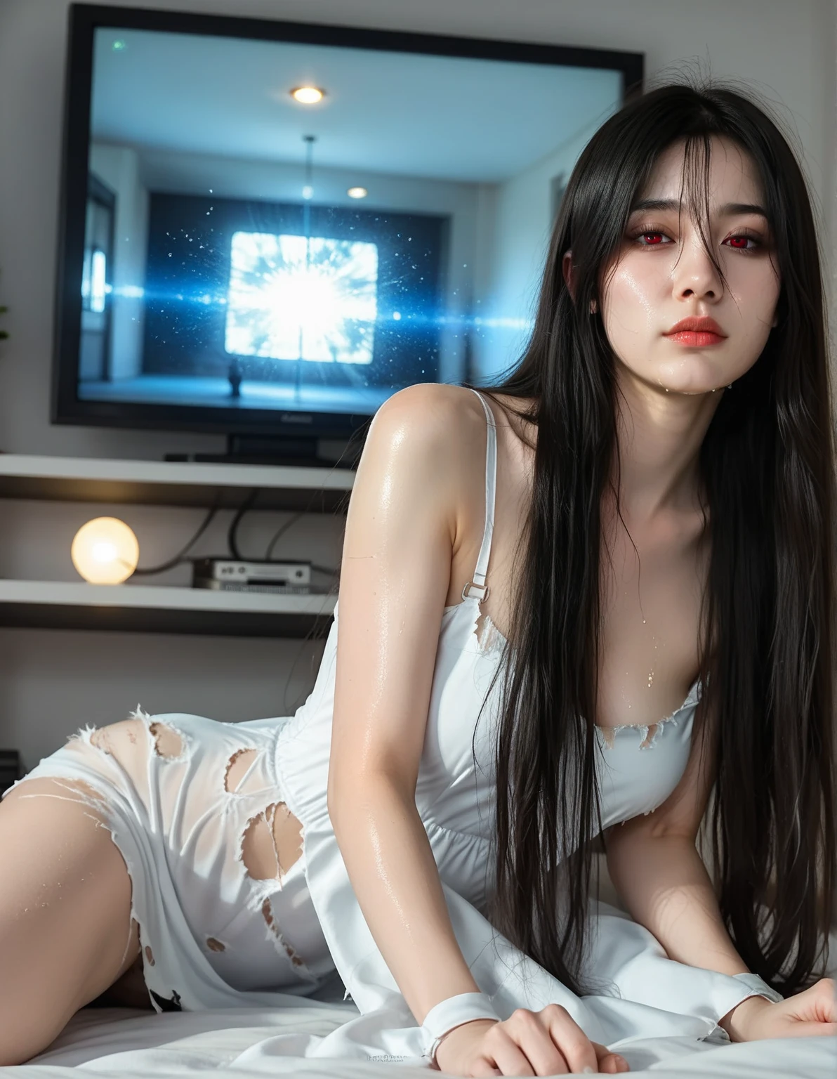Beautiful white skinned woman with long black hair posing in a totally white background place which is a set for professional photos modeling for a totally real magazine cover