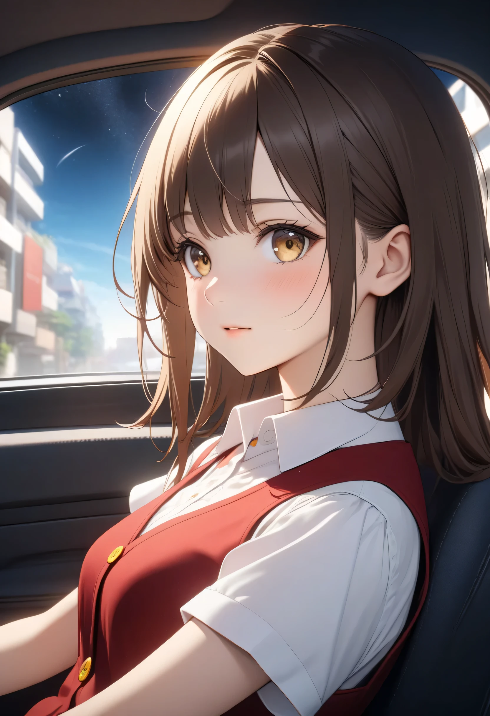 (masterpiece, better quality, high resolution, UHD, perfect pixels, depth of field, 4k, RTX, hdr))), 1 girl, single high school, 16 years old, half body of the white miniskirt upwards, alone, Beautiful anime girl, beautiful artistic style, anime character, medium height, ((serene expression, childish gaze, beautiful face), (long hair loose up to half a back rippling in the wind, bangs, dark brown hair)), (brown eyes: 1.4, not-so-rounded eyes , beautiful lashes,), (detailed face, blush: 1.2), (SOFT TEXTURE: 0.75, Realistic texture: 0.65, photorealistic: 1.1, anime cg style), medium breasts, perfect slender body, Close-up, (She is sitting in the seat of a car,), (profile position when looking at the camera: 1.2, (you can see the night sky through the car window and some apartments near after the sidewalk, ((The girl wears a solid red vest with yellow buttons, white blouse with short sleeve dress collar color white, white plank miniskirt ,)), (perfect image without distortions