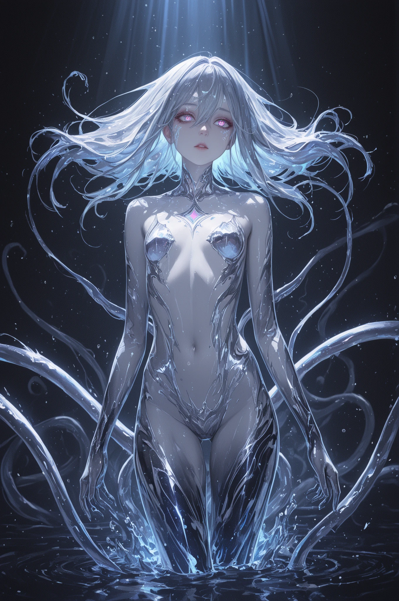 In a futuristic setting, emanates an ethereal figure composed of lines of bright light and floating code fragments. Its form is a fusion of humanoid and abstract elements, with smooth contours suggesting a friendly and welcoming presence. Its face is marked by gentle lines and a faint light that highlights its features. Its limbs are fluid and flexible, able to move with grace and precision. Overall, it appears to be an embodiment of artificial intelligence, blending the human with the technological in a unique and captivating form