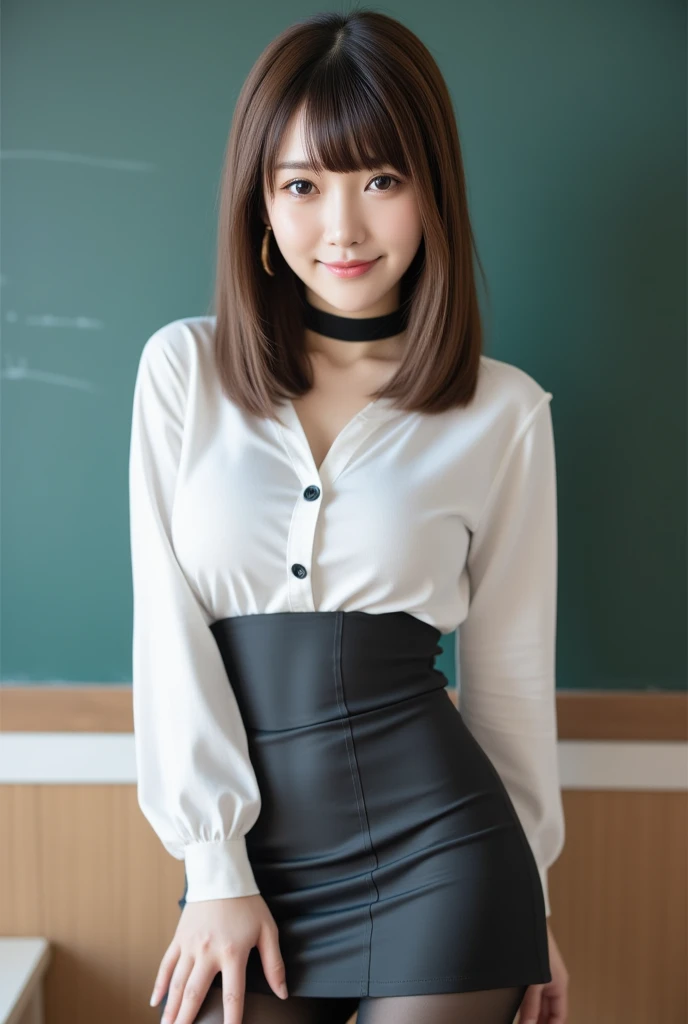 (Tabletop, highest quality, High resolution, , Pixel perfect, 4K,), 1 girl, single, alone, Beautiful woman、I could see the whole body、 ((Wavy mid-hair, bangs, Brown Hair)), ((Brown eyes, Beautiful eyelashes, Realistic eyes)), ((Detailed face, blush:1.2)), ((Smooth texture:0.75, Realistic texture:0.65, Realistic:1.1, Anime CG Style)), Medium chest, Dynamic Angle, Perfect body, ((, female teacher, , Earrings、necklace、White turtleneck sweater、Beige flared skirt、Matte black pantyhose、Spread your legs wide、Get down on one knee、A shy smile)), Superior、、、evening、Sit at a desk、Bring your arms together to emphasize your chest、(、Showing polka dot panties under pantyhose、Angle from below)、