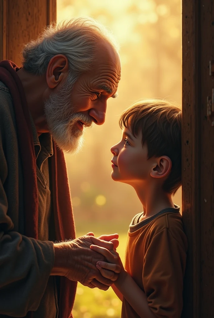 A young boy smiling, talking to an old man with a realizing face