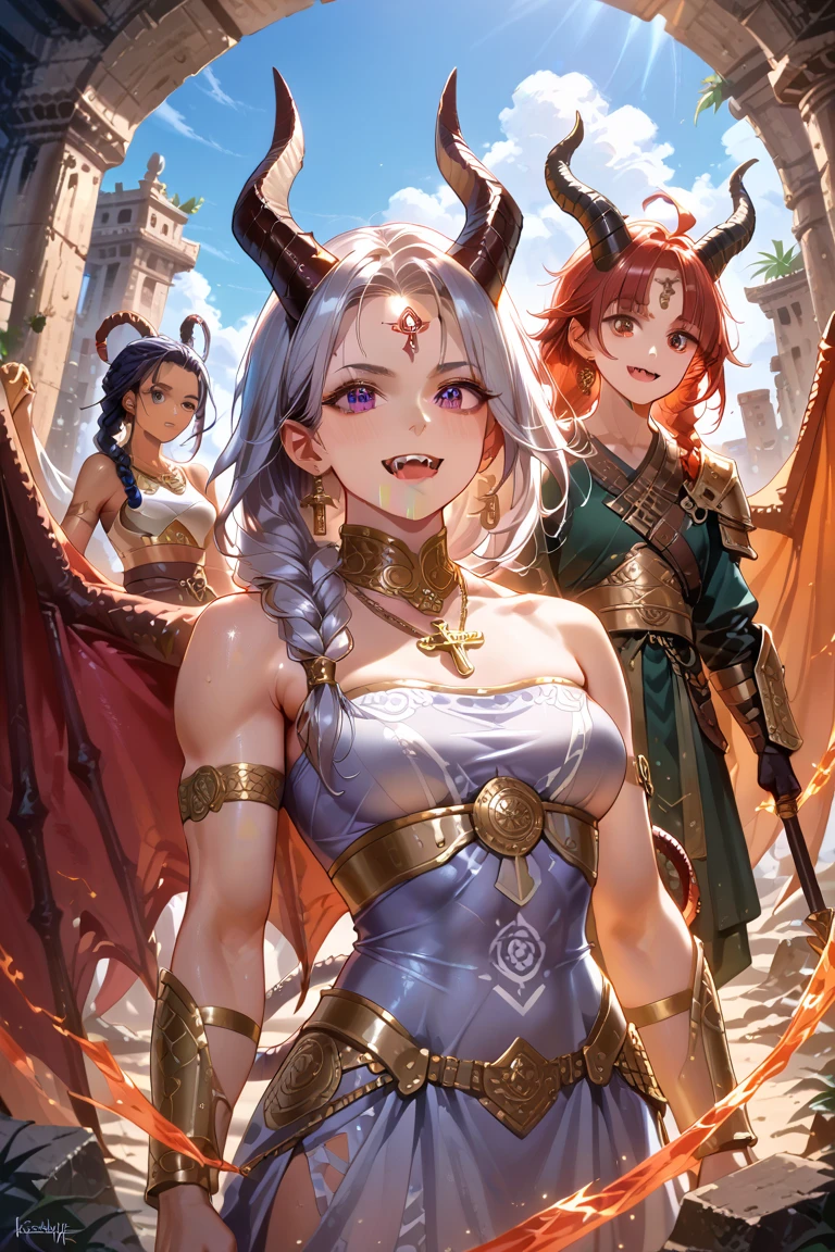 red (antopomorf dragongirl), scale, (clear eyes), long dress, flat breasts, evil smile, open mouth teeth, hug