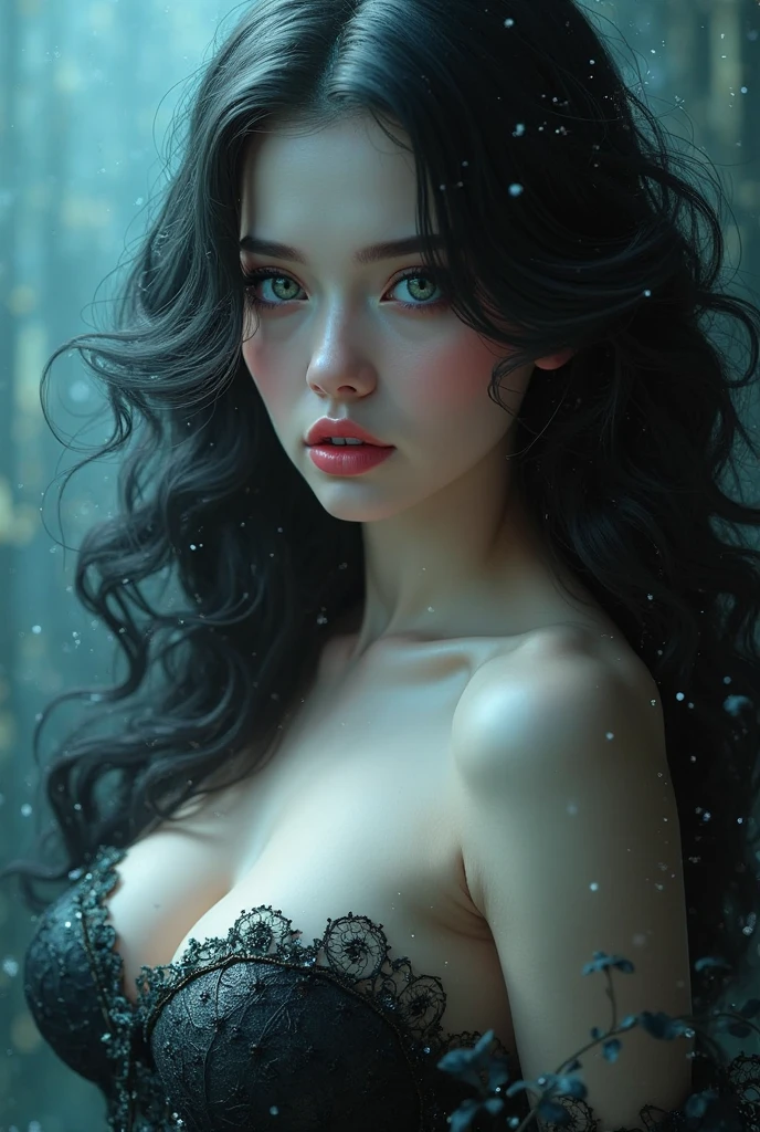 detailed colored pencil drawing, very beautiful 1girl, teen, naked, nipples, black hair, pale skin, in the ice cube, in the ice palace