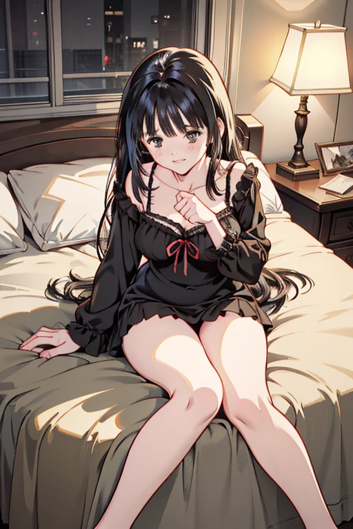Long black hair, cute pajamas, droopy eyes, brown eyes, beautiful woman, mole under her eye, smiling, sitting on the bed, staring, blushing, seductive, black underwear, large breasts