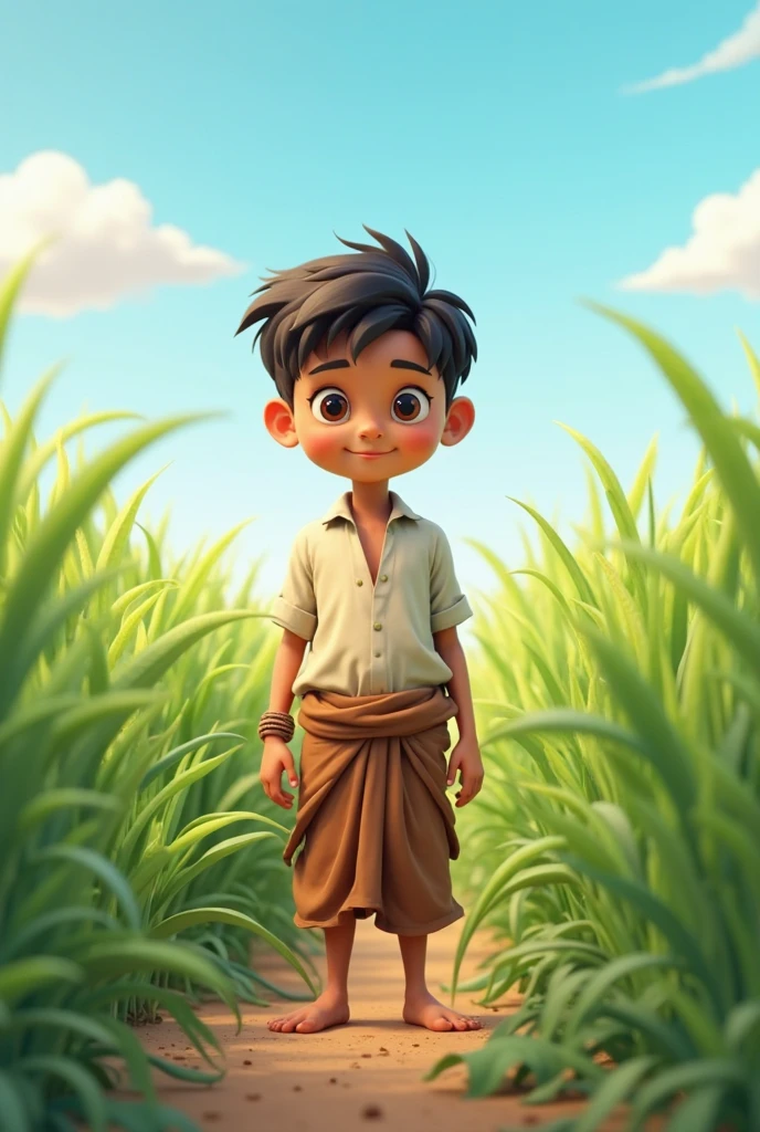 A young boy named Ramesh standing in a small, lush green village in Chhattisgarh, with simple houses and a rural backdrop."