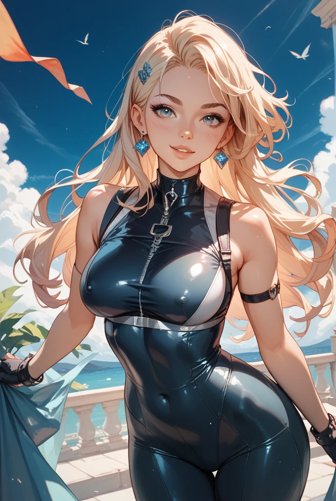 20 year old girl, светлые workоткие волосы, Одежда 1990-х годов, Elsa&#39;s white hair, melting, 1 girl, jeans, Beautiful, (main part:1.2), (better quality:1.2), ((Happy and smiling)), Cinematic, Perfect eyes, perfect skin, perfect lighting, smile, world, work, Textured leather, Detail, beauty, be surprised, ultra detailed, perfect face